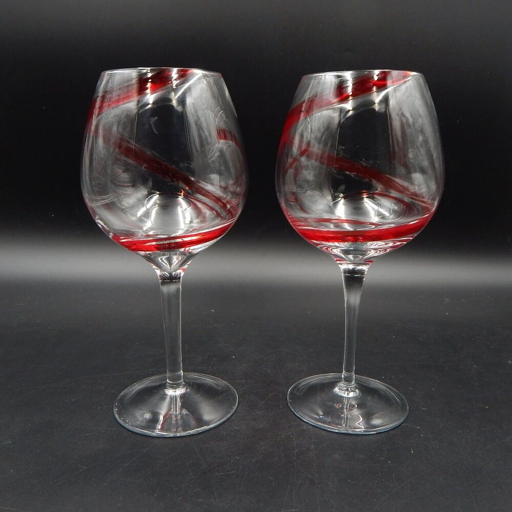 Pier 1 One Red Swirline Balloon Wine Glass 8-1/2 Inch Tall 16 oz Set of 2